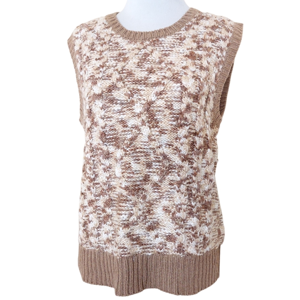 Liz Claiborne Vintage Tan and Cream Cable Knit Pull Over 90s Sweater Vest Medium